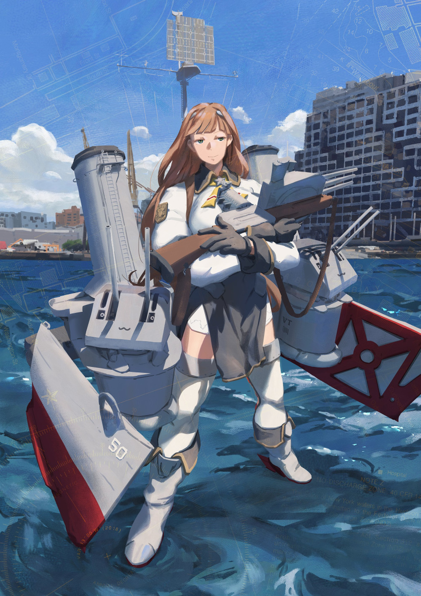 1girl absurdres adapted_turret blunt_bangs boots brown_hair browning_auto_5 crossed_arms green_eyes gun helena_(kancolle) highres kantai_collection long_hair long_sleeves military_uniform neck_ribbon pelvic_curtain ribbon rigging rudder_footwear shotgun smile solo thigh_boots thighhighs uniform very_long_hair water weapon ye_fan yellow_ribbon