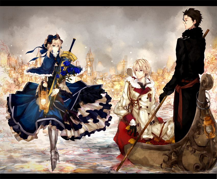 2boys 9tsumura aiguillette alternate_costume artoria_pendragon_(all) avalon_(fate/stay_night) bad_id bad_pixiv_id badge belt black_gloves black_hair blonde_hair blue_dress blue_flower blue_rose building buttons capelet carrying city coat dress earrings excalibur fate/stay_night fate/zero fate_(series) flower flower_bed frilled_skirt frilled_sleeves frills fur_trim gilgamesh gloves gondola greaves green_eyes hair_bun hair_ribbon headdress hug jewelry kerosene_lamp lancer_(fate/zero) letterboxed long_sleeves looking_at_another military military_uniform multiple_boys paddle pants red_eyes red_flower red_rose ribbon rose saber sash sheath sheathed short_hair sitting skirt sky smile standing sword tree uniform water weapon wide_sleeves yellow_eyes yellow_flower yellow_rose