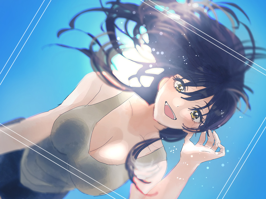 1girl backlighting black_hair blush breasts brown_camisole camisole cleavage collarbone floating_hair hair_between_eyes highres idolmaster idolmaster_shiny_colors large_breasts looking_at_viewer paddy_field shirase_sakuya smile solo yellow_eyes