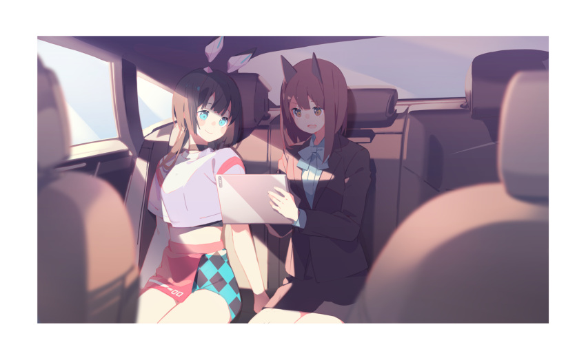 2girls absurdres black_hair blue_eyes blurry blurry_foreground brown_eyes brown_hair djmax hair_ornament highres lena_(djmax) mamo_c manager_(djmax) multiple_girls non-web_source shirt sitting smile suit