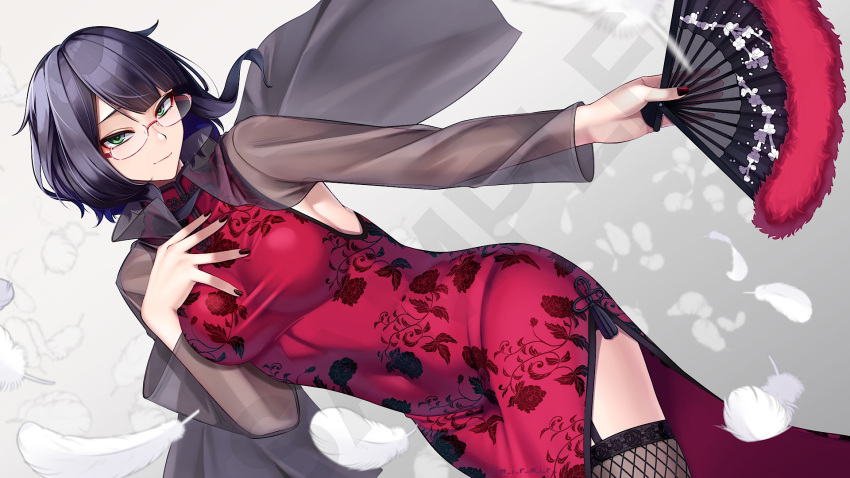 1girl armpits black_hair breasts brown_pantyhose china_dress chinese_clothes closed_mouth coat colored_inner_hair commentary_request commission dress floral_print glasses grey_coat hand_fan hand_on_own_chest highres holding holding_fan kutsuda_miru long_sleeves medium_breasts multicolored_hair original pantyhose print_dress purple_hair red_dress see-through see-through_coat short_hair skeb_commission smile