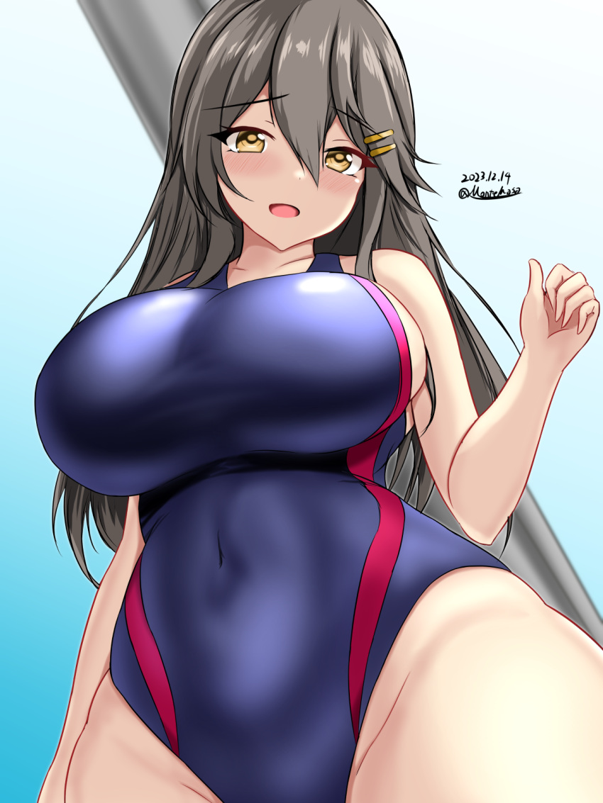 1girl black_hair black_one-piece_swimsuit breasts brown_eyes competition_swimsuit covered_navel cowboy_shot dated day hair_between_eyes hair_ornament hairclip haruna_(kancolle) highleg highleg_swimsuit highres impossible_clothes impossible_swimsuit kantai_collection large_breasts long_hair looking_at_viewer montemasa multicolored_clothes multicolored_swimsuit one-piece_swimsuit open_mouth rei_no_pool smile solo swimsuit twitter_username two-tone_swimsuit window