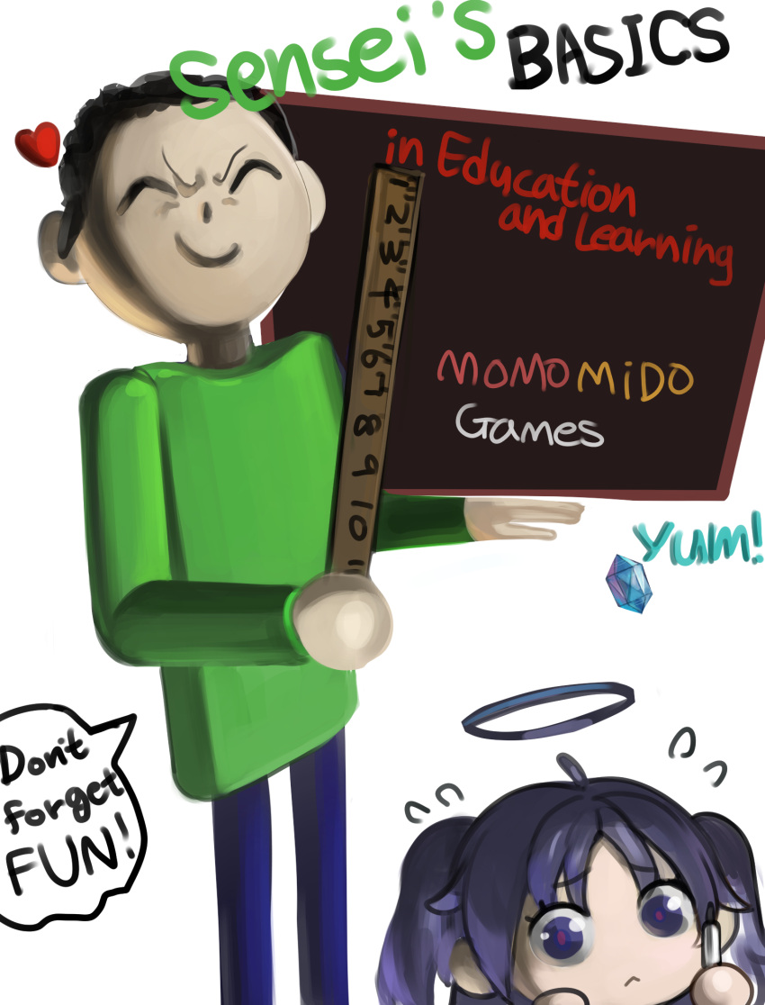 1boy 1girl :&lt; ahoge arona's_sensei_doodle_(blue_archive) baldi's_basics black_hair blue_archive blue_pants chalkboard closed_eyes closed_mouth commentary_request crystal dokomon english_text flying_sweatdrops green_shirt halo heart highres holding korean_commentary pants parted_bangs purple_eyes purple_hair ruler sensei_(blue_archive) shirt simple_background white_background yuuka_(blue_archive)