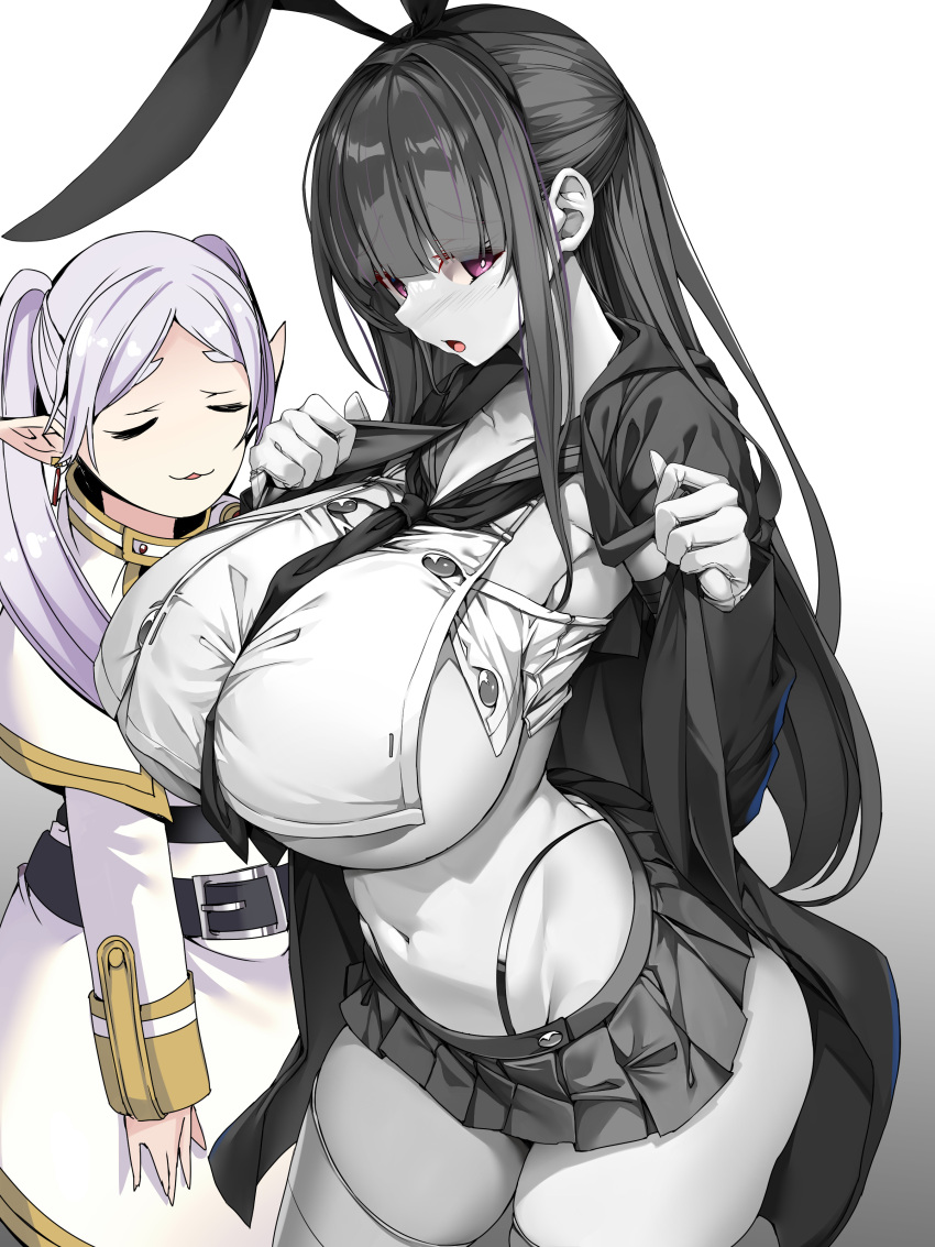 2girls absurdres animal_ears black_coat blue_sailor_collar blue_skirt blunt_bangs blush breasts closed_eyes coat commentary_request cosplay dress gradient_background highleg highleg_panties highres huge_breasts kantai_collection long_hair military_uniform monochrome multiple_girls navel open_mouth panties pleated_skirt pointy_ears rabbit_ears sailor_collar shimakaze_(kancolle) shimakaze_(kancolle)_(cosplay) shirt skirt standing striped striped_thighhighs thighhighs torisan translation_request underwear uniform white_dress white_hair white_shirt