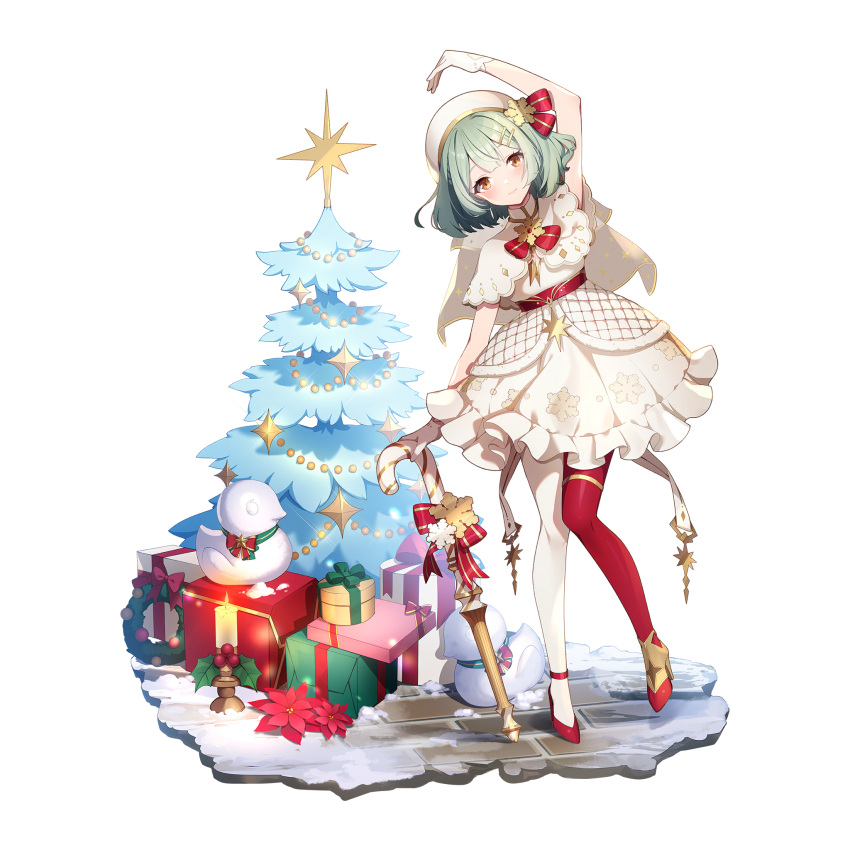 1girl arm_up asymmetrical_legwear bird blush bow candy candy_cane cane capelet catherine_(eversoul) christmas christmas_lights christmas_ornaments christmas_present christmas_star christmas_tree christmas_wreath dress duck eversoul flower food frilled_skirt frills full_body game_cg gift gloves green_hair highres holly looking_at_viewer non-web_source official_alternate_costume official_alternate_hairstyle official_art pavement red_bow red_flower red_footwear red_thighhighs short_hair skirt smile snow snow_sculpture solo standing tachi-e thighhighs transparent_background white_dress white_gloves white_headwear white_thighhighs white_veil wreath