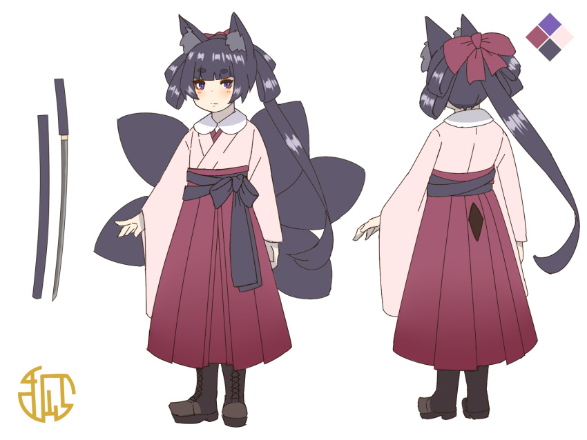 1girl animal_ear_fluff animal_ears black_hair blush boots bow brown_footwear closed_mouth color_guide commentary_request cross-laced_footwear fox_ears fox_girl fox_tail hair_bow hair_rings hakama hakama_skirt highres japanese_clothes katana kimono kitsune kuro_kosyou lace-up_boots long_hair long_sleeves looking_at_viewer multiple_views original pink_kimono purple_eyes red_bow red_hakama short_eyebrows sidelocks skirt sleeves_past_wrists standing sword tail thick_eyebrows turnaround unsheathed very_long_hair weapon wide_sleeves
