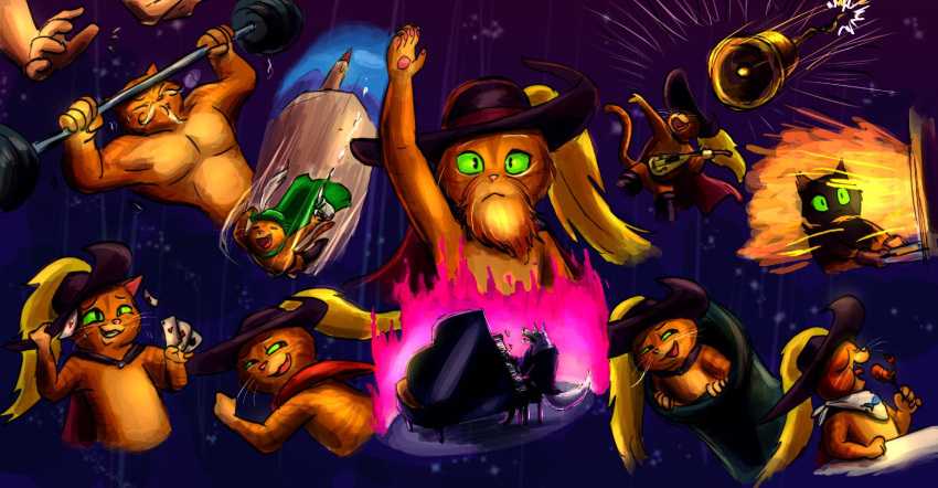 anthro beard canid canine canis card clothed clothing death_(puss_in_boots) domestic_cat dreamworks duo facial_hair felid feline felis fire fluffy green_eyes grin guitar hi_res keyboard_instrument male male/male mammal muscular musical_instrument piano plucked_string_instrument puss_in_boots_(dreamworks) shrimp_(food) smile string_instrument tabby_cat ultimatellurker wolf