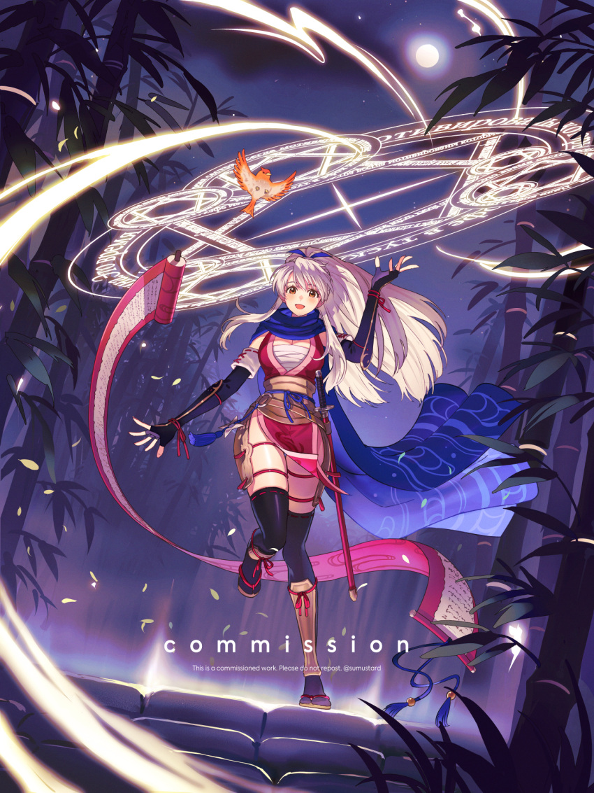 1girl :d bamboo bandages bird black_gloves black_thighhighs blue_scarf chest_sarashi commentary commission elbow_gloves fire_emblem fire_emblem:_radiant_dawn fire_emblem_heroes full_moon gloves hand_up highres japanese_clothes kimono long_hair looking_at_viewer magic_circle micaiah_(fire_emblem) moon night night_sky official_alternate_costume open_mouth outdoors pink_kimono sarashi scabbard scarf scroll sheath sheathed short_kimono sky sleeveless sleeveless_kimono smile solo standing standing_on_one_leg sumustard sword thighhighs thighs very_long_hair weapon white_hair yune_(fire_emblem)