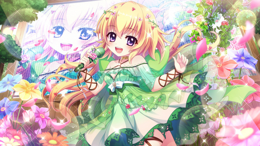 1girl arm_ribbon bare_shoulders blonde_hair blue_flower breasts brown_ribbon choker dress film_grain flower flower_request game_cg green_dress green_skirt hasegawa_mii holding holding_microphone ivy izumi_tsubasu leg_ribbon lens_flare long_hair microphone non-web_source off-shoulder_dress off_shoulder official_art open_mouth orange_flower petals pink_petals purple_eyes purple_flower re:stage! red_flower ribbon screen see-through skirt small_breasts smile solo sparkle sparkling_eyes teeth tree upper_teeth_only yellow_flower