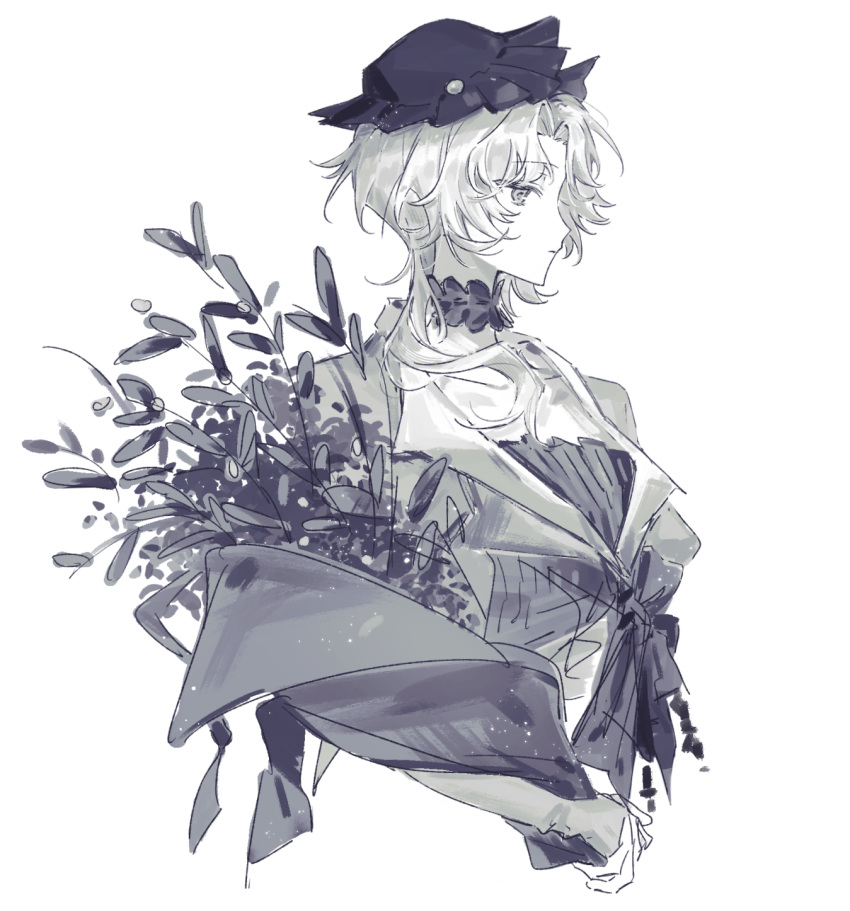 1girl bouquet closed_mouth collarbone cropped_torso druvis_iii greyscale hat highres holding holding_bouquet jacket long_hair monochrome parted_bangs profile rang_wo_zai_shui_10_fenzhong reverse:1999 simple_background sketch solo upper_body white_background