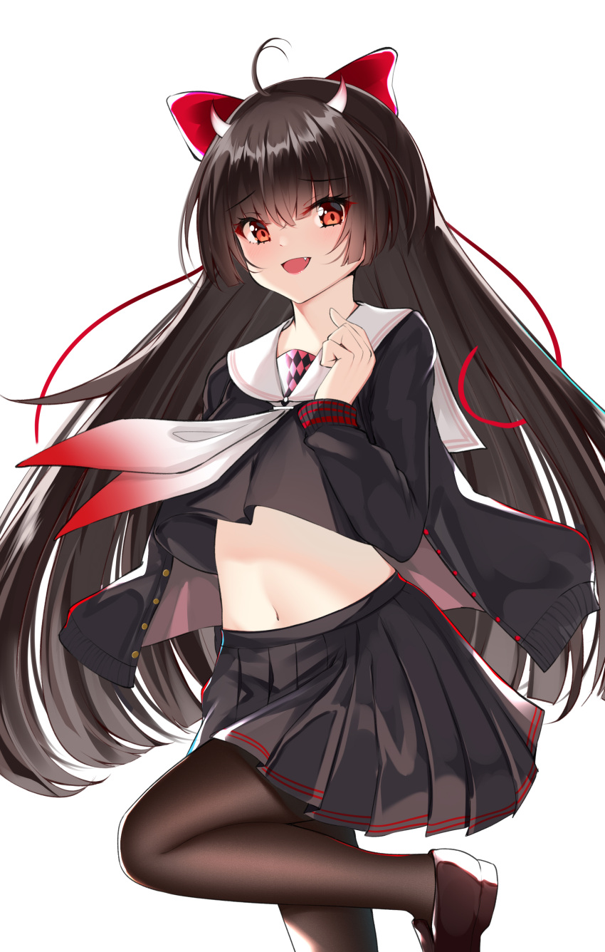 1girl absurdres azur_lane black_cardigan black_footwear black_hair black_shirt black_skirt bow brown_pantyhose cardigan catnnn fang hair_bow highres horns leg_up long_sleeves looking_at_viewer midriff miniskirt navel neckerchief oni_horns open_mouth pantyhose pleated_skirt red_bow red_eyes sakawa_(azur_lane) school_uniform shirt shoes simple_background skirt solo standing standing_on_one_leg two-tone_neckerchief white_background white_neckerchief