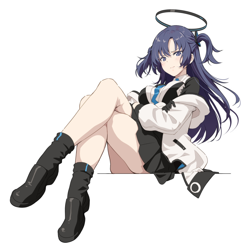 1girl bad_anatomy black_footwear black_skirt blue_archive blue_necktie blush boots breasts closed_mouth collared_shirt halo highres jacket long_hair long_sleeves mechanical_halo medium_breasts necktie pinakes pleated_skirt purple_eyes purple_hair shirt simple_background skirt solo suit two-sided_fabric two-sided_jacket two_side_up white_background white_jacket white_shirt yuuka_(blue_archive)