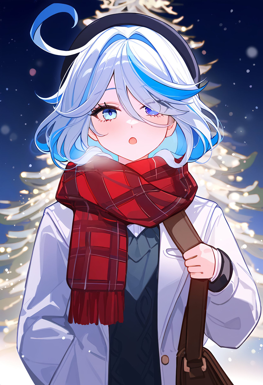 1girl absurdres ahoge ai-generated alternate_costume bag blue_eyes blue_hair christmas furina_(genshin_impact) genshin_impact hair_between_eyes hat highres jacket light_blue_hair long_hair looking_at_viewer meme multicolored_hair open_mouth pov_cheek_warming_(meme) red_scarf scarf shoulder_bag solo white_hair white_jacket zero_(qingsongzero)