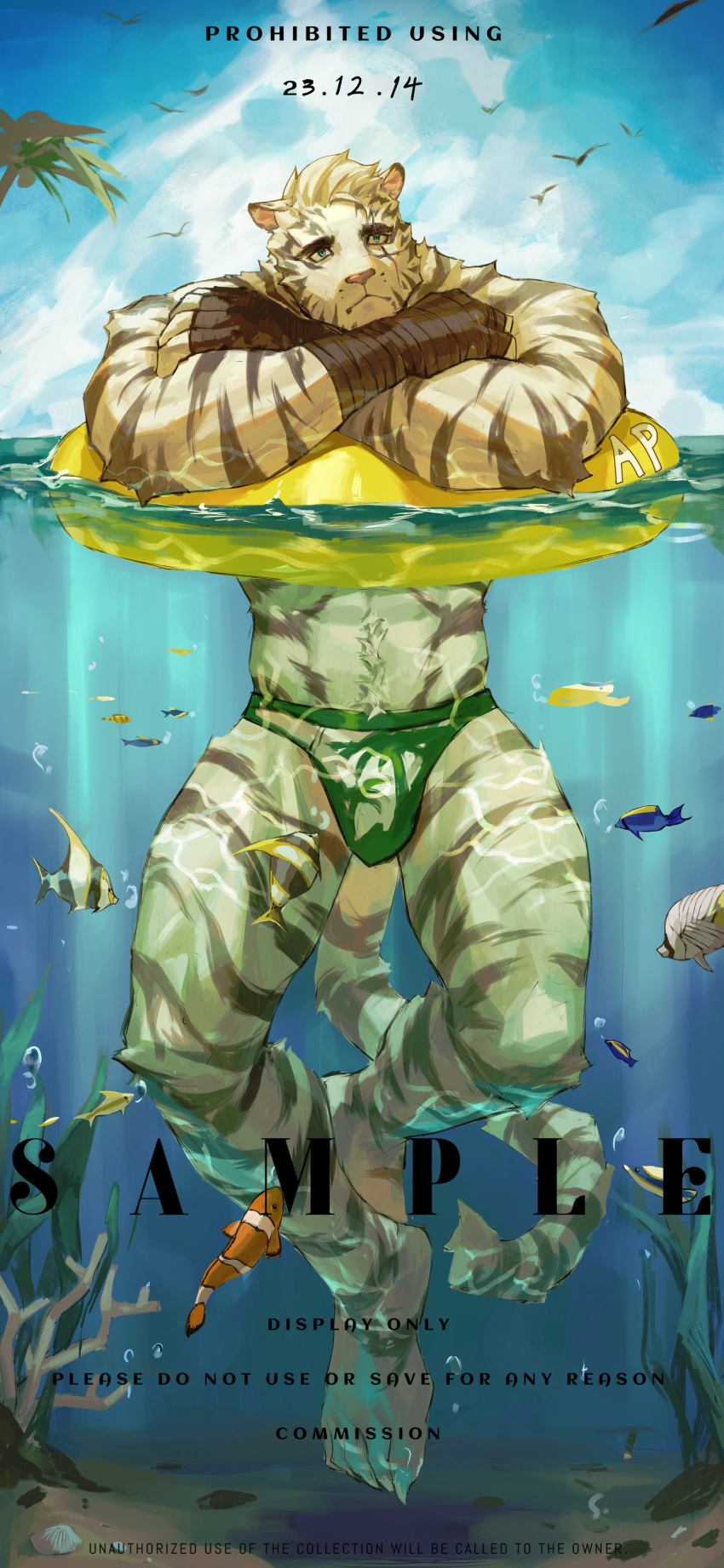 1boy absurdres aixiwuganda_(20222192) angelfish animal_ears arknights bandaged_hand bandages bara bird blue_sky chinese_commentary claws cloud cloudy_sky clownfish commentary_request commission coral dated fish furry furry_male highres innertube looking_up male_focus male_underwear mountain_(arknights) multiple_scars ocean palm_tree scar scar_across_eye scar_on_face seaweed sky tail tiger_boy tiger_ears tiger_stripes tiger_tail tree underwear underwear_only