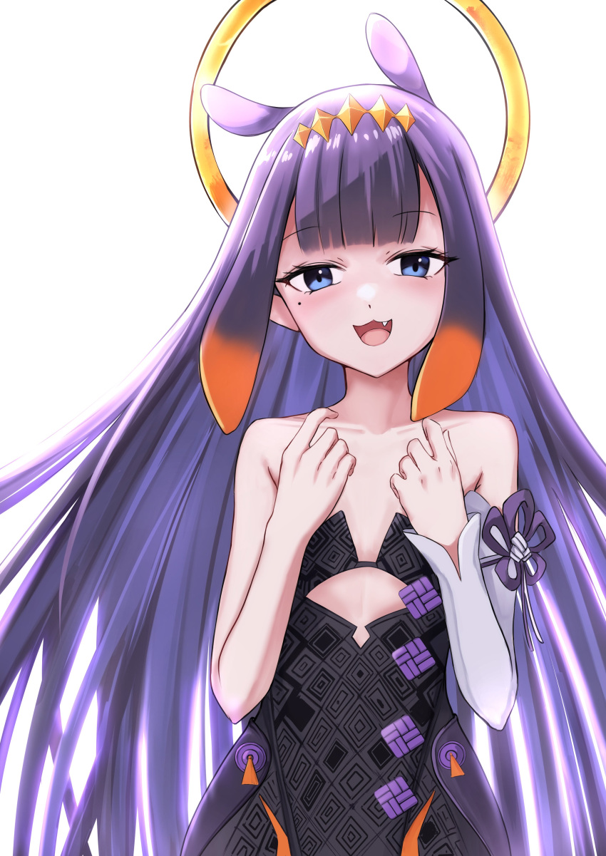 1girl :3 :d absurdres bare_shoulders black_dress blue_eyes blush brown_hair collarbone commentary detached_sleeves dress fang gradient_hair gustaflowart hands_up highres hololive hololive_english long_hair looking_at_viewer mole mole_under_eye multicolored_hair ninomae_ina'nis purple_hair simple_background single_detached_sleeve smile solo strapless strapless_dress upper_body very_long_hair virtual_youtuber white_background white_sleeves