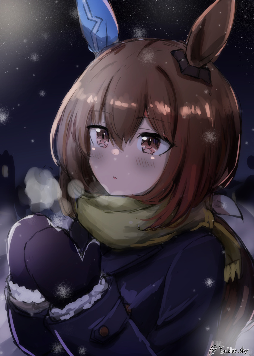 1girl absurdres admire_vega_(umamusume) animal_ears black_mittens blue_coat blue_sky_aosan brown_eyes coat ear_covers ear_ornament enpera fur-trimmed_mittens fur_trim hair_between_eyes highres horse_ears horse_girl long_hair long_sleeves mittens night night_sky open_mouth outdoors scarf sky snowing solo star_(sky) starry_sky twitter_username umamusume upper_body winter winter_uniform yellow_scarf