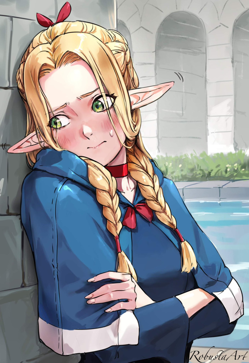 1girl against_wall artist_name blonde_hair blue_capelet blush braid capelet choker commentary crossed_arms dungeon_meshi ear_wiggle elf english_commentary forehead grass green_eyes highres long_hair long_sleeves looking_to_the_side marcille pointy_ears red_choker red_ribbon ribbon robusta_mania sideways_glance solo sweat twin_braids upper_body water