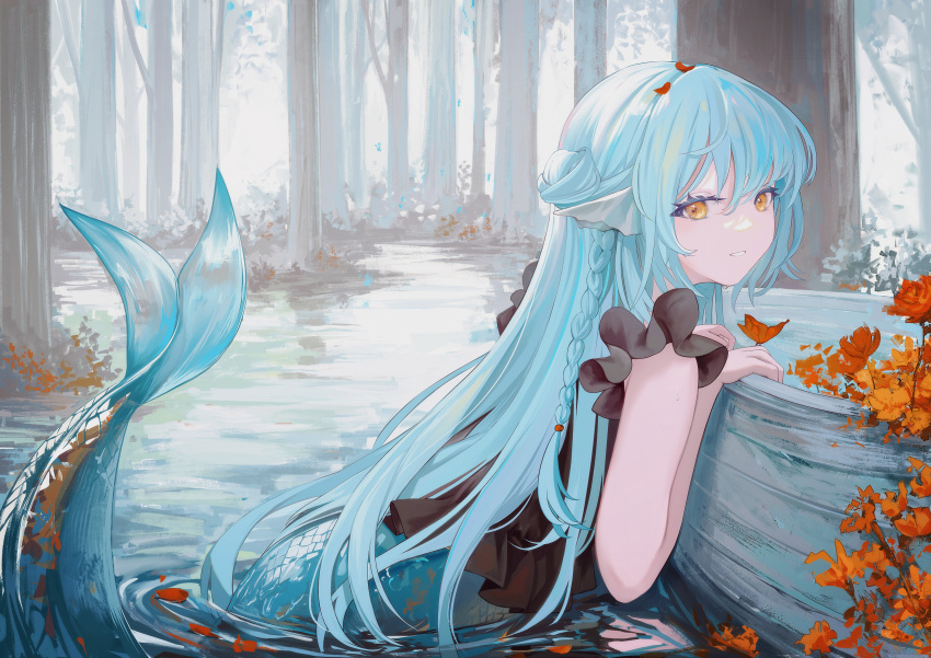 1girl absurdres amamizu_shizuku black_shirt blue_hair braid bug butterfly forest frilled_shirt frills hair_bun highres long_hair mermaid monster_girl nature original outdoors partially_submerged revision scales shirt single_hair_bun smile solo tree water yellow_eyes