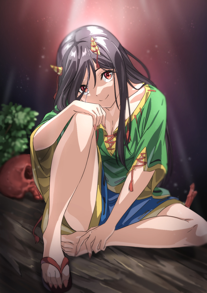 1girl barefoot black_hair blue_shorts breasts cleavage closed_mouth collarbone commentary fingernails flip-flops green_shirt gyouza_(mhea5724) highres horn_ornament horns long_fingernails long_hair long_toenails medium_breasts nippaku_zanmu oni_horns red_eyes sandals sharp_fingernails sharp_toenails shirt shoes short_sleeves shorts single_shoe smile solo toenails touhou