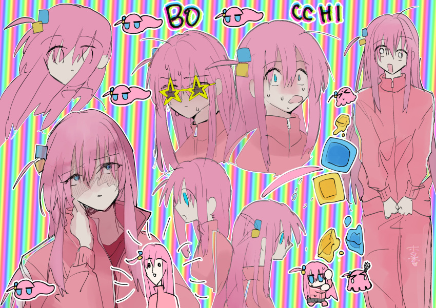 blue_eyes bocchi_the_rock! gotoh_hitori gotoh_hitori_(octopus) gotoh_hitori_(tsuchinoko) hair_between_eyes hair_ornament highres htnn111 jacket jumpsuit long_hair multiple_persona pants pink_hair pink_jacket pink_jumpsuit pink_pants rainbow red_shirt shirt star-shaped_eyewear striped striped_background