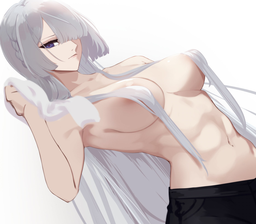 1girl abs ak-15_(girls'_frontline) areola_slip black_pants braid breasts covered_nipples french_braid girls'_frontline grey_hair hair_over_breasts hair_over_one_eye highres holding holding_towel large_breasts long_hair looking_at_viewer navel ohc. pants purple_eyes solo topless towel white_background