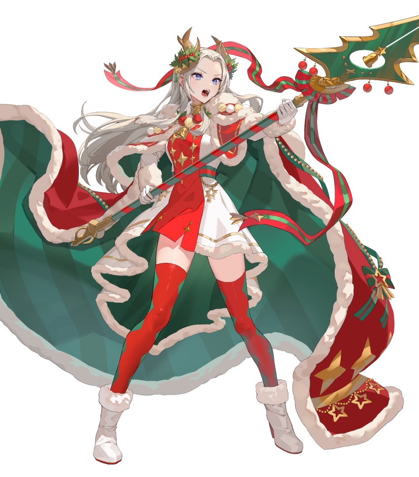 1girl attack blue_eyes cape diamond_print dress edelgard_von_hresvelg edelgard_von_hresvelg_(snowfall_future) fake_horns fire_emblem fire_emblem:_three_houses fire_emblem_heroes gloves green_cape high_heels highres holding holding_polearm holding_weapon horns long_hair multicolored_clothes multicolored_dress non-web_source official_alternate_costume official_art open_mouth polearm red_cape red_dress red_thighhighs simple_background solo teffish thighhighs v-shaped_eyebrows weapon white_background white_dress white_footwear white_gloves white_hair
