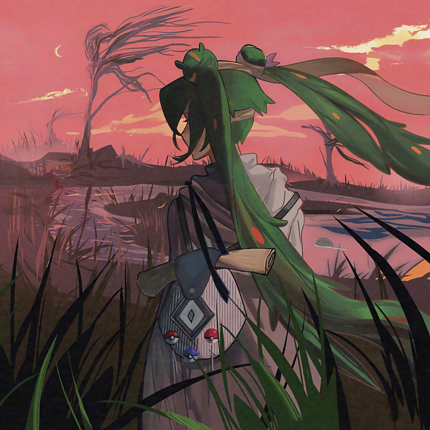 1girl bag bare_tree brown_headband cloak cowboy_shot creature crescent_moon double_bun facing_away floating_hair from_behind grass green_hair grey_cloak ground_miku_(project_voltage) hair_bun hatsune_miku headband highres hood hood_down hooded_cloak litchi-ve long_hair master_ball moon multicolored_hair orange_hair outdoors pink_sky poke_ball pokemon pond project_voltage shoulder_bag sidelighting sky solo streaked_hair tall_grass tree twintails very_long_hair vocaloid wind