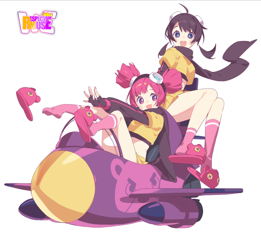 2girls :d absurdres ahoge brown_hair buro_(muse_dash) djmax fingerless_gloves gloves highres jacket long_hair long_sleeves mamo_c multiple_girls muse_dash non-web_source open_mouth pink_eyes pink_footwear pink_hair play_(djmax) purple_eyes shirt sleeves_past_wrists smile twintails yellow_jacket yellow_shirt