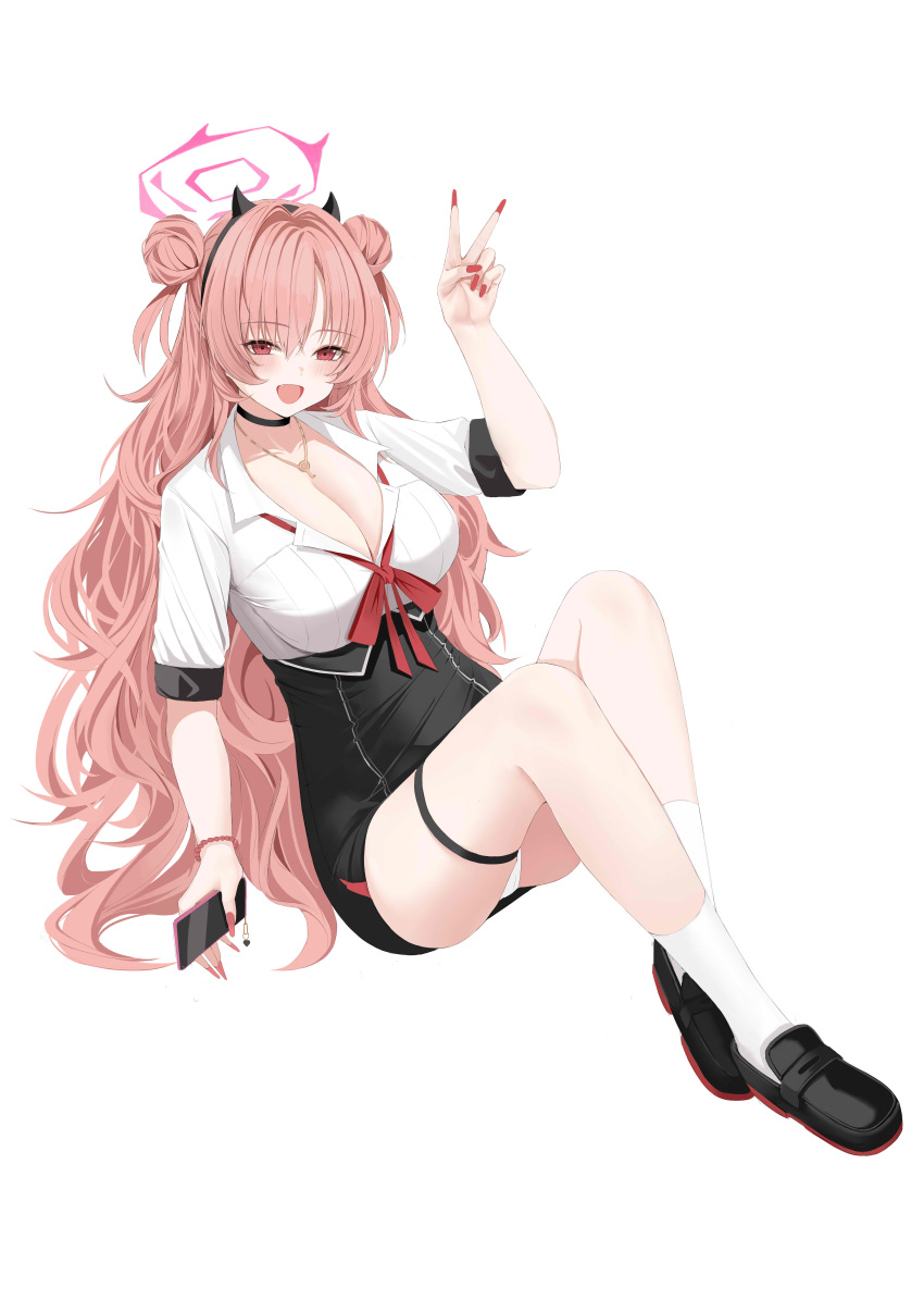 1girl absurdres bare_legs black_choker black_footwear black_skirt blue_archive blush bow breasts choker cleavage commentary_request double_bun fang fingernails full_body hair_bun halo hand_up high-waist_skirt highres jewelry kirara_(blue_archive) kuyoumi large_breasts loafers long_fingernails long_hair looking_at_viewer messy_hair miniskirt nail_polish necklace open_mouth panties pantyshot pencil_skirt pink_hair red_bow red_eyes red_nails shoes short_sleeves simple_background sitting skirt smile solo thigh_strap underwear v very_long_hair white_background