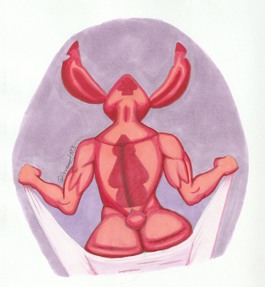 2023 absurd_res alien anthro anthrofied back_markings biped butt disney drying ear_markings experiment_(lilo_and_stitch) experiment_627 head_markings hi_res holding_object holding_towel lilo_and_stitch lovemet123_(lovemet_room) male markings muscular muscular_anthro muscular_male notched_ear occipital_markings rear_view red_body simple_background small_tail solo tail towel traditional_media_(artwork)