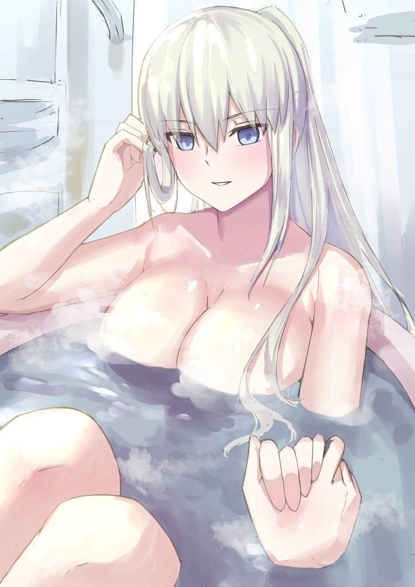 1girl 1other bathing bathtub blue_eyes blush braid breasts cleavage collarbone fate/grand_order fate_(series) french_braid grey_hair highres holding_hands large_breasts long_hair looking_at_viewer morgan_le_fay_(fate) natu_zame ponytail sidelocks smile solo_focus very_long_hair water