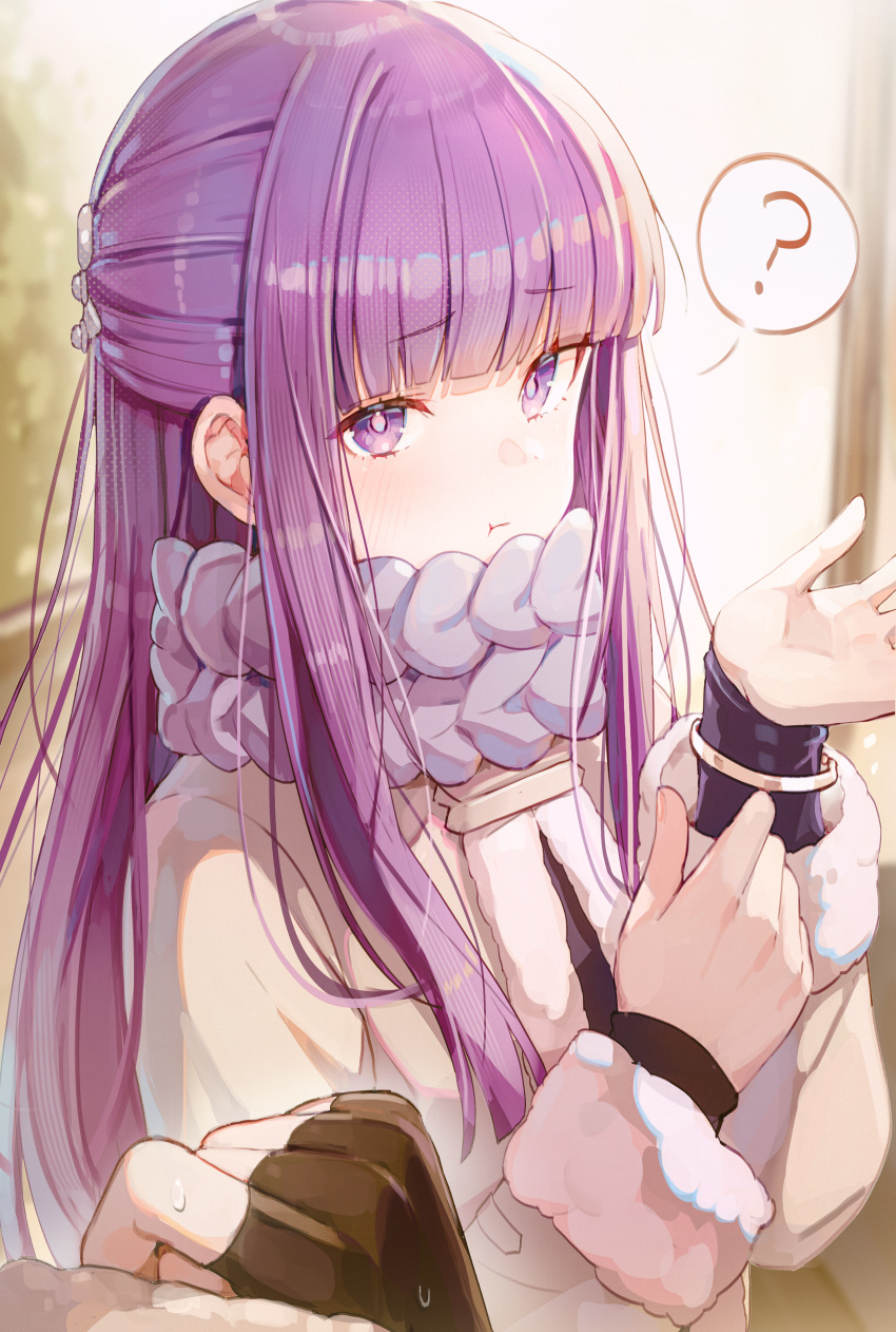 1girl 1other ? absurdres black_gloves blunt_bangs bracelet closed_mouth coat commentary_request fern_(sousou_no_frieren) fingerless_gloves gloves hands_up highres jewelry long_hair long_sleeves looking_at_viewer misyune pout purple_eyes purple_hair purple_scarf scarf sidelocks solo_focus sousou_no_frieren spoken_question_mark upper_body yellow_coat