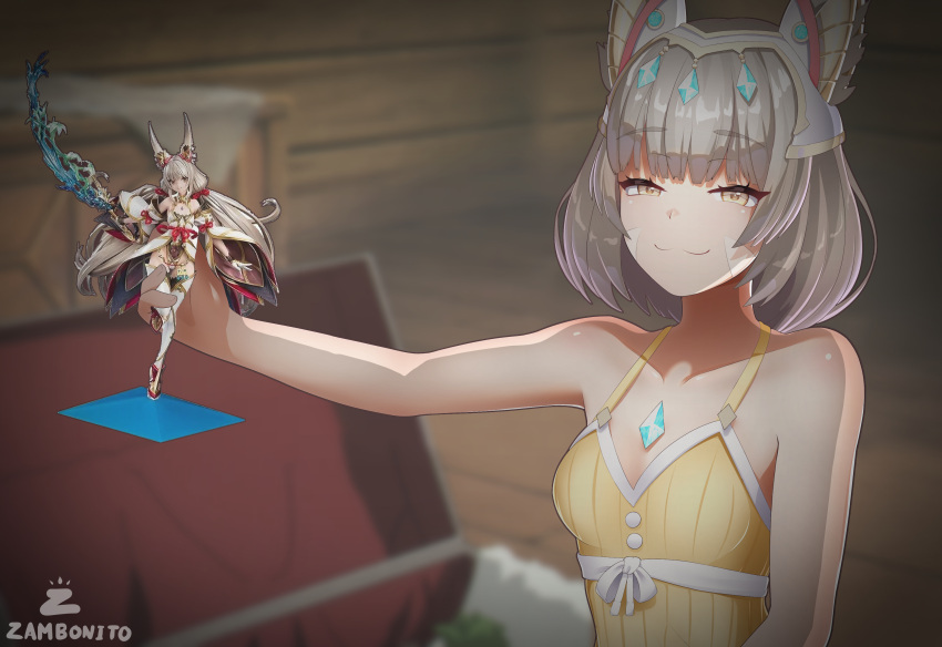 1girl :3 absurdres animal_ears blurry blurry_background cat_ears character_doll chest_jewel doll ear_covers facial_mark grey_hair highres holding holding_doll looking_at_viewer meme nia_(blade)_(xenoblade) nia_(xenoblade) parody solo sousou_no_frieren upper_body whisker_markings xenoblade_chronicles_(series) xenoblade_chronicles_2 xenoblade_chronicles_3 yellow_eyes you_can_just_give_this_kind_of_thing_to_men_and_they_will_be_thrilled_(meme) zambonito