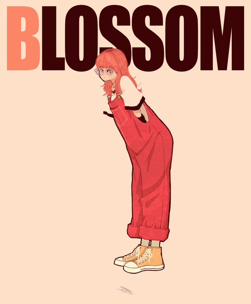 1girl blending blossom_(ppg) character_name full_body grey_eyes highres leaning_forward long_hair looking_at_viewer overalls powerpuff_girls red_hair red_overalls shoes short_sleeves simple_background solo standing syooooyoooo transparent_eyewear yellow_footwear