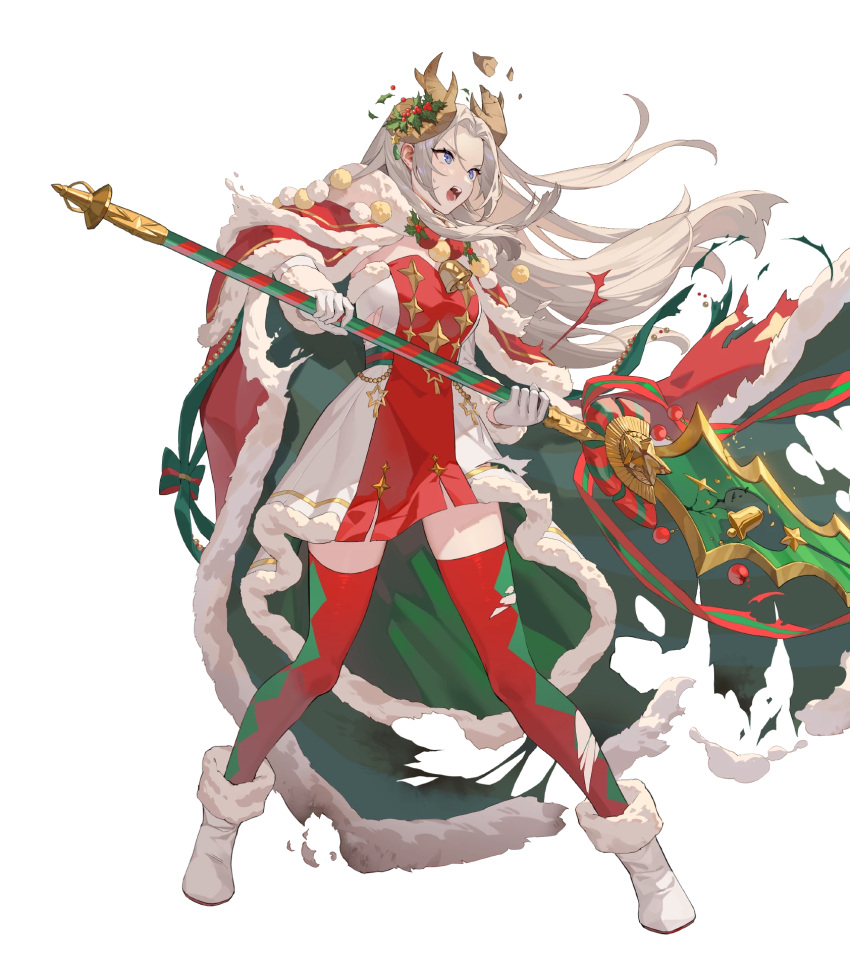1girl blue_eyes cape damaged diamond_print dress edelgard_von_hresvelg edelgard_von_hresvelg_(snowfall_future) fake_horns fire_emblem fire_emblem:_three_houses fire_emblem_heroes gloves green_cape high_heels highres holding holding_polearm holding_weapon horns long_hair multicolored_clothes multicolored_dress non-web_source official_alternate_costume official_art open_mouth polearm red_cape red_dress red_thighhighs simple_background solo teeth teffish thighhighs torn_cape torn_clothes upper_teeth_only v-shaped_eyebrows weapon white_background white_dress white_footwear white_gloves white_hair