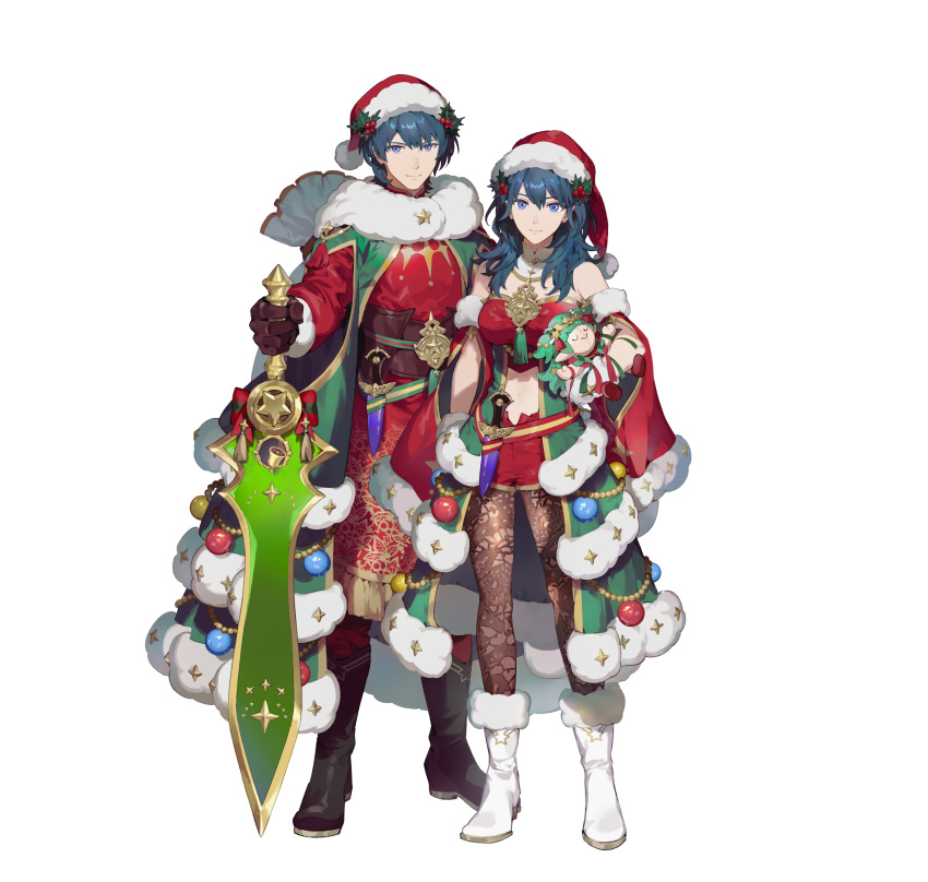 1boy 1girl absurdres bare_shoulders black_footwear black_gloves blue_eyes blue_hair brooch byleth_(female)_(fire_emblem) byleth_(female)_(frosty_professor)_(fire_emblem) byleth_(fire_emblem) byleth_(male)_(fire_emblem) byleth_(male)_(frosty_professor)_(fire_emblem) cape character_doll doll dual_persona fire_emblem fire_emblem:_three_houses fire_emblem_heroes fur-trimmed_cape fur_trim gloves green_cape hat highres holding holding_doll holding_sword holding_weapon holly jewelry looking_at_viewer medium_hair midriff navel official_alternate_costume official_art pantyhose red_cape santa_costume santa_hat smile sothis_(fire_emblem) suzuki_iori sword weapon white_footwear white_gloves