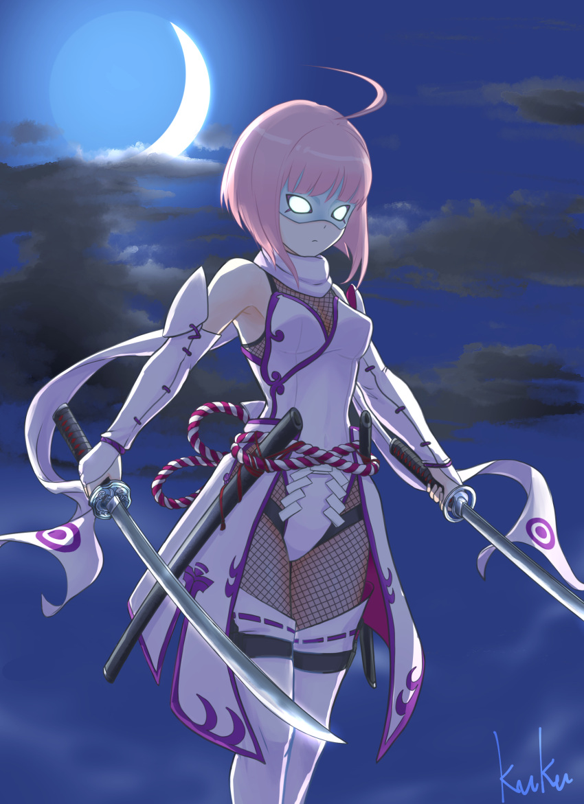1girl absurdres ahoge bob_cut bodysuit breasts cloud commentary_request crescent_moon detached_sleeves dual_wielding fishnet_bodysuit fishnets glowing glowing_eyes highres holding holding_sword holding_weapon katana kuku_(laser_beamer) leotard mask medium_hair moon night night_sky ninja original pink_hair ribbon-trimmed_thighhighs scarf sheath signature skirt sky small_breasts solo sword thighhighs weapon white_leotard white_scarf white_skirt white_thighhighs