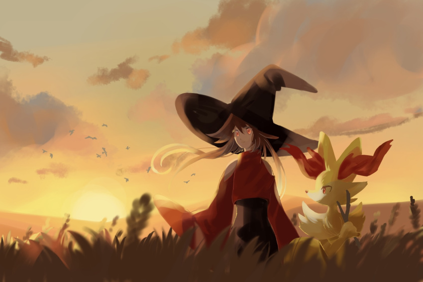 black_headwear braixen brown_hair harumomo_(@harumomo123456) hat looking_to_the_side orange_eyes pokemon pokemon_(creature) red_shirt shirt stick sunset wheat_field witch_hat yellow_fur