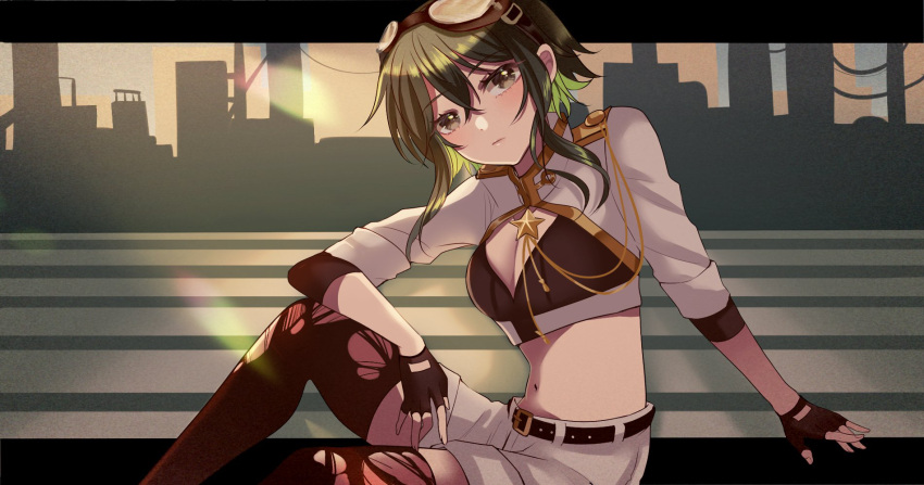 1girl arm_on_knee belt black_belt black_gloves black_thighhighs blush breasts cityscape cleavage cleavage_cutout clothing_cutout commentary_request cropped_jacket crosswalk epaulettes fingerless_gloves gloves goggles goggles_on_head green_eyes green_hair gumi hair_between_eyes highres invisible_(vocaloid) jacket kamikawa_celery looking_at_viewer medium_breasts midriff partial_commentary short_hair shorts sleeves_rolled_up solo thighhighs torn_clothes torn_thighhighs vocaloid white_shorts