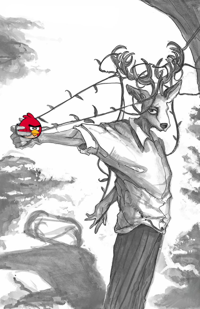 angry_birds arms_behind avian beak beastars bird black_and_white black_and_white_and_red bottomwear clothing deer feathers hands_behind_back hi_res horn itagaki_paru leaf looking_at_viewer louis_(beastars) male mammal monochrome pants pattern_bottomwear pattern_clothing pattern_pants plant red_body red_feathers shadow shirt solo standing straight_arms striped_bottomwear striped_clothing striped_pants stripes topwear tree vines white_clothing white_shirt white_topwear yellow_beak