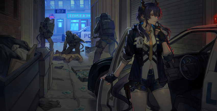 1boy 1girl 3others absurdres alley ambiguous_gender anbiya_h arknights armor assault_rifle backlighting bag belt belt_buckle black_belt black_gloves black_jacket black_pants black_pouch black_straps bloom blue_hood blue_jacket blue_shorts blue_tail body_armor breasts briefcase brown_hair brown_horns buckle building buttons car ch'en_(arknights) chinese_text city collared_shirt commentary_request covered_face cowboy_shot criss-cross_straps dashboard day double-parted_bangs dragon_girl dragon_horns dragon_tail dress_shirt dumpster english_commentary english_text expressionless eyelashes faceless faceless_male facing_ahead facing_another facing_away facing_down facing_to_the_side facing_viewer finger_on_trigger fingerless_gloves floating_hair from_behind from_side full_body gloves gun gun_on_back hair_between_eyes hair_tie half-closed_eyes hand_on_another's_back hand_on_car hand_rest hand_up handgun held_down helmet highres holding holding_gun holding_shield holding_walkie-talkie holding_weapon hood hood_down hood_up hooded_jacket horns id_card jacket knee_pads leaning leaning_forward leaning_on_person lips long_sleeves looking_afar looking_to_the_side low_twintails lungmen_dollar lungmen_guard_department_logo lying medium_breasts midriff_peek motor_vehicle multiple_others necktie on_one_knee on_stomach open_clothes open_jacket outdoors pants parted_lips pavement plate_carrier pocket pointing_gun police police_car police_uniform pouch red_eyes reflection reflective_ground restaurant restrained rifle riot_shield road shade shadow shield shirt short_hair short_shorts shorts sidelocks snap-fit_buckle solo_focus standing strap street surrendering tactical_clothes tail thigh_pouch thigh_strap thighs translation_request trash trash_bag twintails uniform urban visor_(armor) walkie-talkie weapon weapon_on_back weapon_request wet wet_pavement white_shirt wide_shot window windshield wing_collar winged_helmet yellow_hood yellow_jacket yellow_necktie