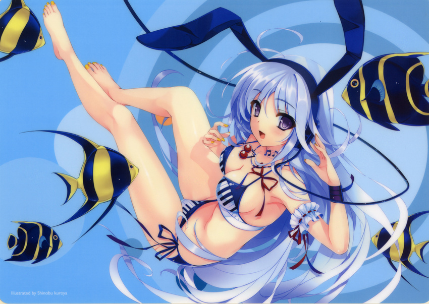 :d animal_ears bad_id bad_yandere_id bare_legs barefoot bikini blue_eyes blue_hair breasts bunny_ears choker cleavage fake_animal_ears feet fish headphones highres kuroya_shinobu legs long_hair looking_at_viewer medium_breasts musical_note nail_polish open_mouth original piano_keys print_bikini scan side-tie_bikini smile solo swimsuit toenail_polish toes wristband