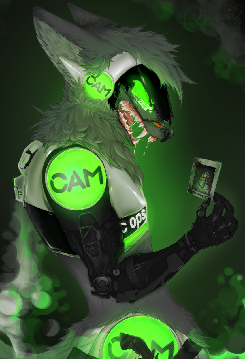 absurd_res anthro bodily_fluids fur green_body green_eyes grey_body grey_fur hi_res kradee machine male military open_mouth protogen prototype_9 robotic_arm saliva saliva_string solo special_forces yuri_chacal