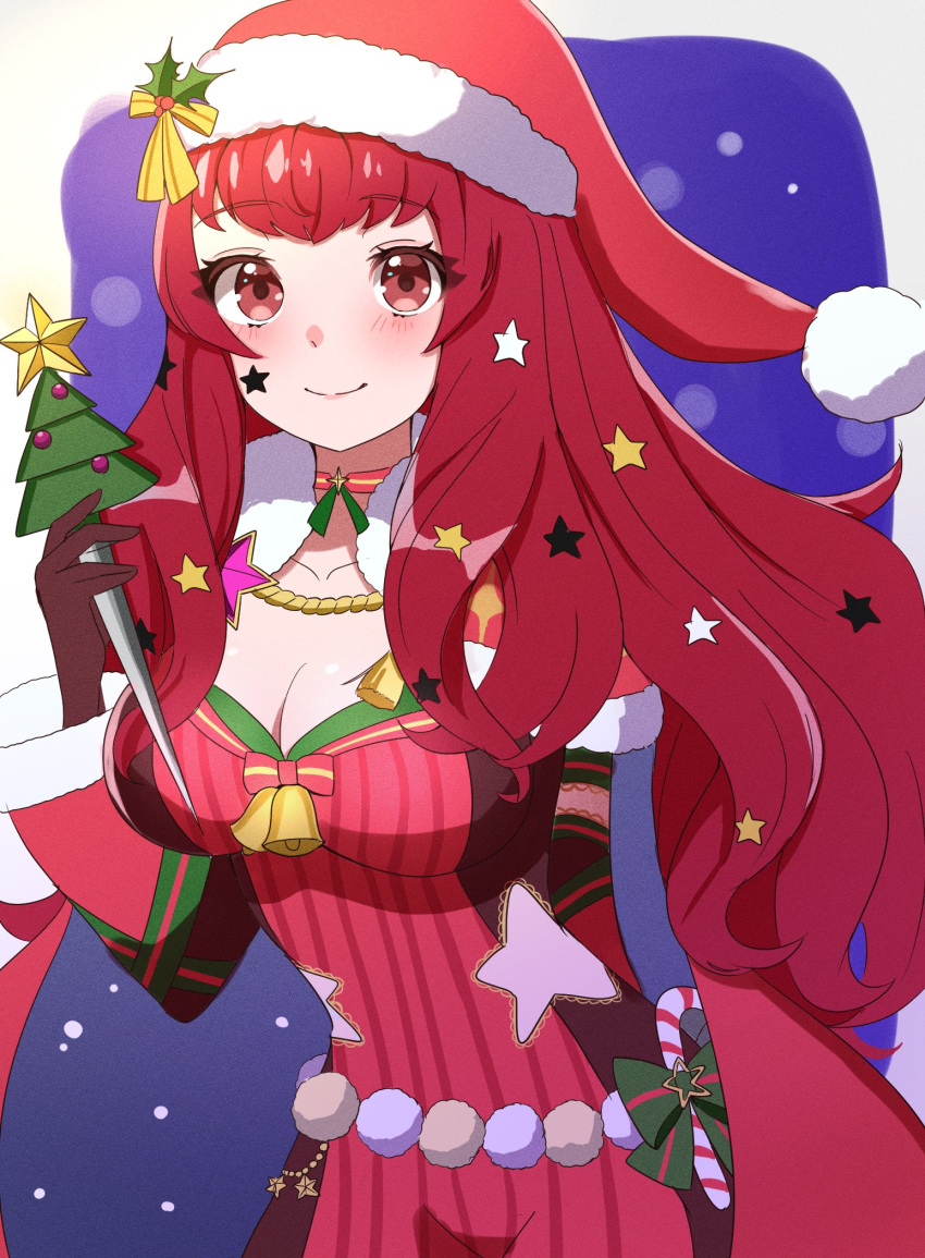 1girl blue_cape bodysuit breasts cape cleavage facial_mark fire_emblem fire_emblem_engage fire_emblem_heroes gmais2514 hair_ornament hat highres holly ice_pick mistletoe_hair_ornament multicolored_cape multicolored_clothes official_alternate_costume red_bodysuit red_cape santa_hat solo star_(symbol) star_facial_mark star_hair_ornament star_print two-tone_cape yunaka_(fire_emblem) yunaka_(fire_emblem)_(spirited_envoy)