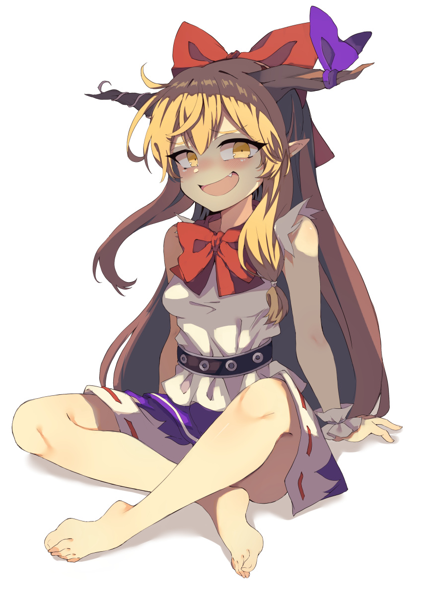 1girl absurdres arms_behind_back barefoot blonde_hair blush bow bowtie breasts brown_horns commentary fang feet full_body hair_bow highres horn_bow horn_ornament horns ibuki_suika indian_style long_hair looking_at_viewer medium_bangs open_mouth pointy_ears purple_bow purple_skirt red_bow red_bowtie ribbon-trimmed_skirt ribbon_trim seika_okawari shaded_face shirt sidelocks simple_background sitting skirt sleeveless sleeveless_shirt small_breasts smile smug solo toes touhou very_long_hair white_background white_shirt wrist_cuffs yellow_eyes