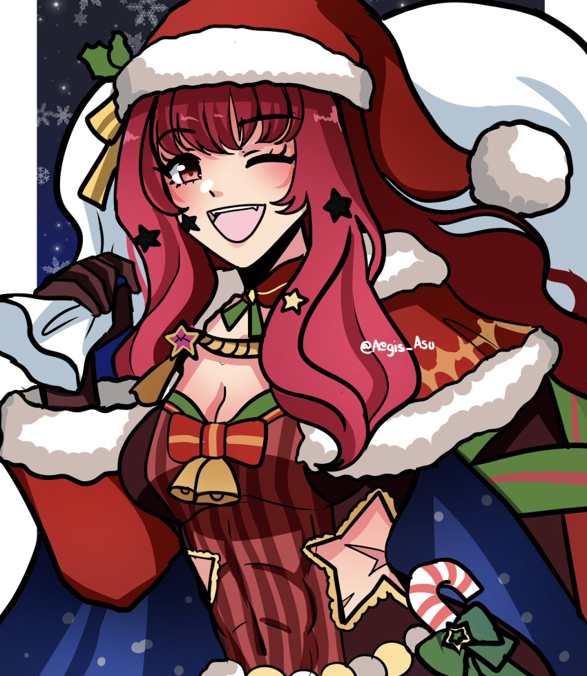 1girl asukaaasuu breasts brown_gloves cleavage cleavage_cutout clothing_cutout facial_mark fire_emblem fire_emblem_engage fire_emblem_heroes gloves hair_ornament hat highres holding holding_sack long_hair official_alternate_costume one_eye_closed red_eyes red_hair sack santa_hat smile solo star_(symbol) star_hair_ornament teeth upper_teeth_only yunaka_(fire_emblem) yunaka_(fire_emblem)_(spirited_envoy)