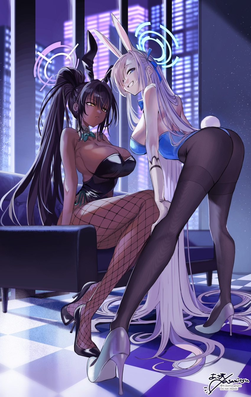 2girls animal_ears asakou_(n_morninglight) ass asuna_(blue_archive) asuna_(bunny)_(blue_archive) bare_shoulders black_hair black_leotard black_pantyhose blue_archive blue_eyes blue_leotard dark-skinned_female dark_skin fake_animal_ears fake_tail fishnet_pantyhose fishnets grin hair_over_one_eye highleg highleg_leotard highres indoors karin_(blue_archive) karin_(bunny)_(blue_archive) leotard light_brown_hair long_hair multiple_girls official_alternate_costume pantyhose playboy_bunny rabbit_ears rabbit_tail sitting smile strapless strapless_leotard tail yellow_eyes