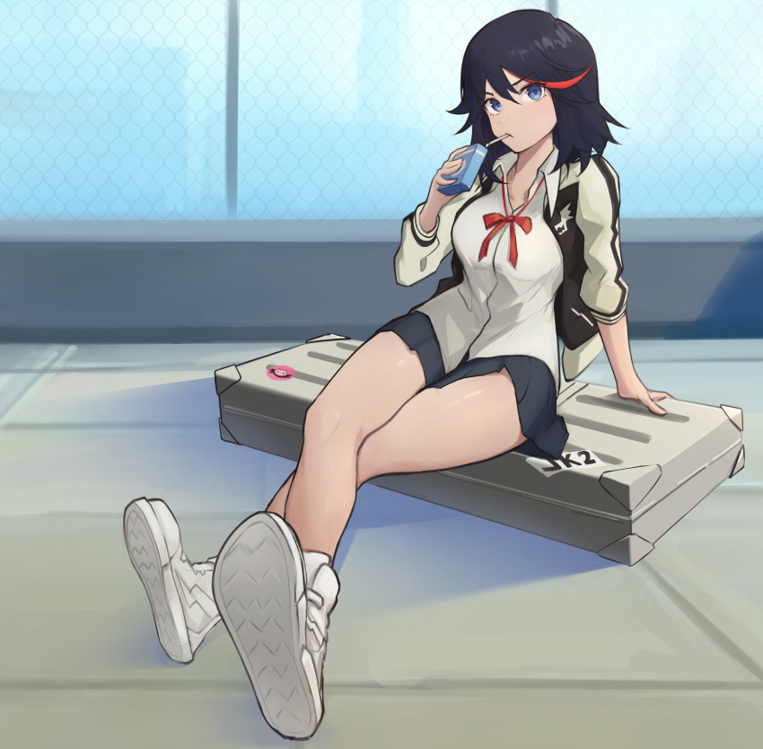 1girl absurdres arm_support black_hair black_skirt blue_eyes bow bowtie breasts chain-link_fence closed_mouth collared_shirt crossed_ankles drinking drinking_straw fence hair_between_eyes high_tops highres holding_carton instrument_case jacket kanotype kill_la_kill looking_at_viewer loose_bowtie matoi_ryuuko medium_breasts medium_hair multicolored_hair open_clothes open_jacket pleated_skirt red_bow red_bowtie red_hair shirt shoe_soles shoes sitting skirt sleeves_past_elbows sneakers solo streaked_hair track_jacket untucked_shirt white_footwear white_shirt