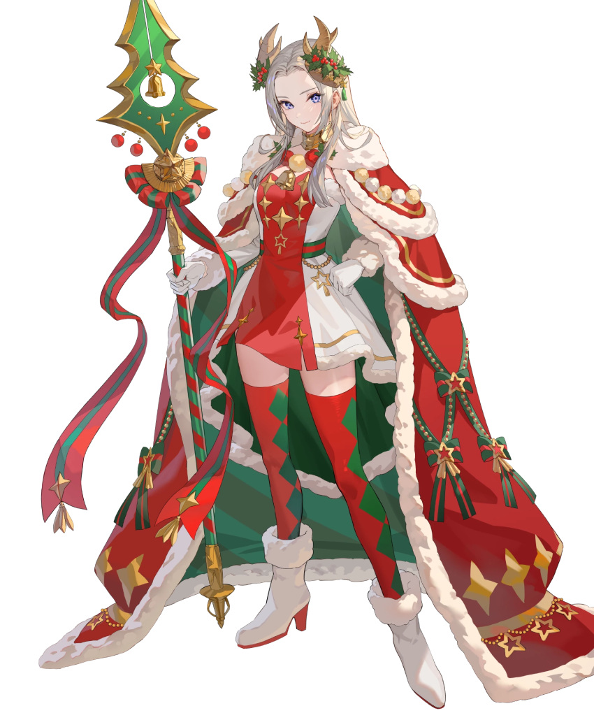 1girl blue_eyes cape diamond_print dress edelgard_von_hresvelg edelgard_von_hresvelg_(snowfall_future) fake_horns fire_emblem fire_emblem:_three_houses fire_emblem_heroes gloves green_cape hand_on_own_hip high_heels highres holding holding_polearm holding_weapon horns long_hair looking_at_viewer multicolored_clothes multicolored_dress non-web_source official_alternate_costume official_art polearm red_cape red_dress red_thighhighs smile solo teffish thighhighs weapon white_dress white_footwear white_gloves white_hair