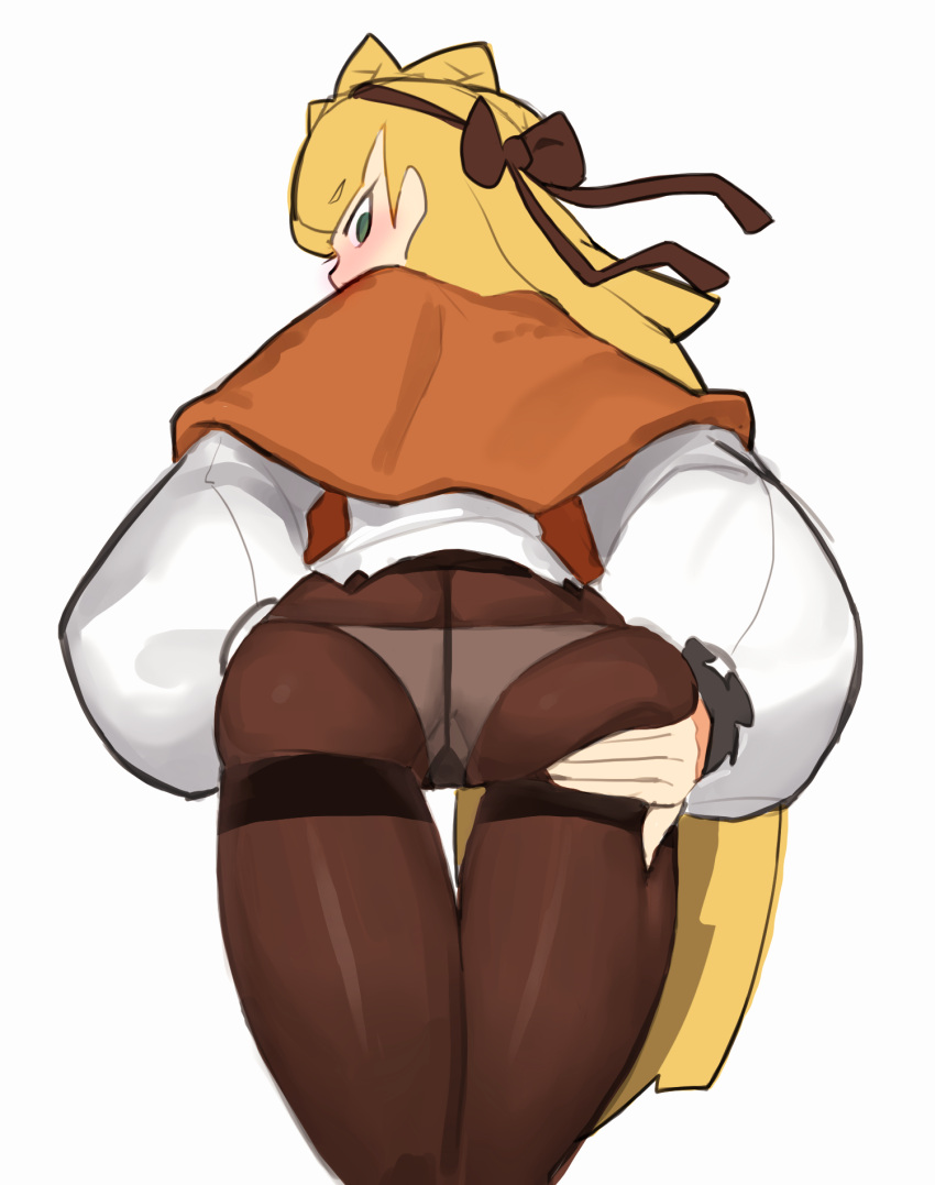 1girl ass ass_focus blonde_hair bow brown_bow brown_capelet brown_pantyhose capelet gya_rb highres lobotomy_corporation long_hair panties panties_under_pantyhose pantyhose project_moon shirt simple_background tiphereth_a_(project_moon) underwear very_long_hair white_background white_panties white_shirt